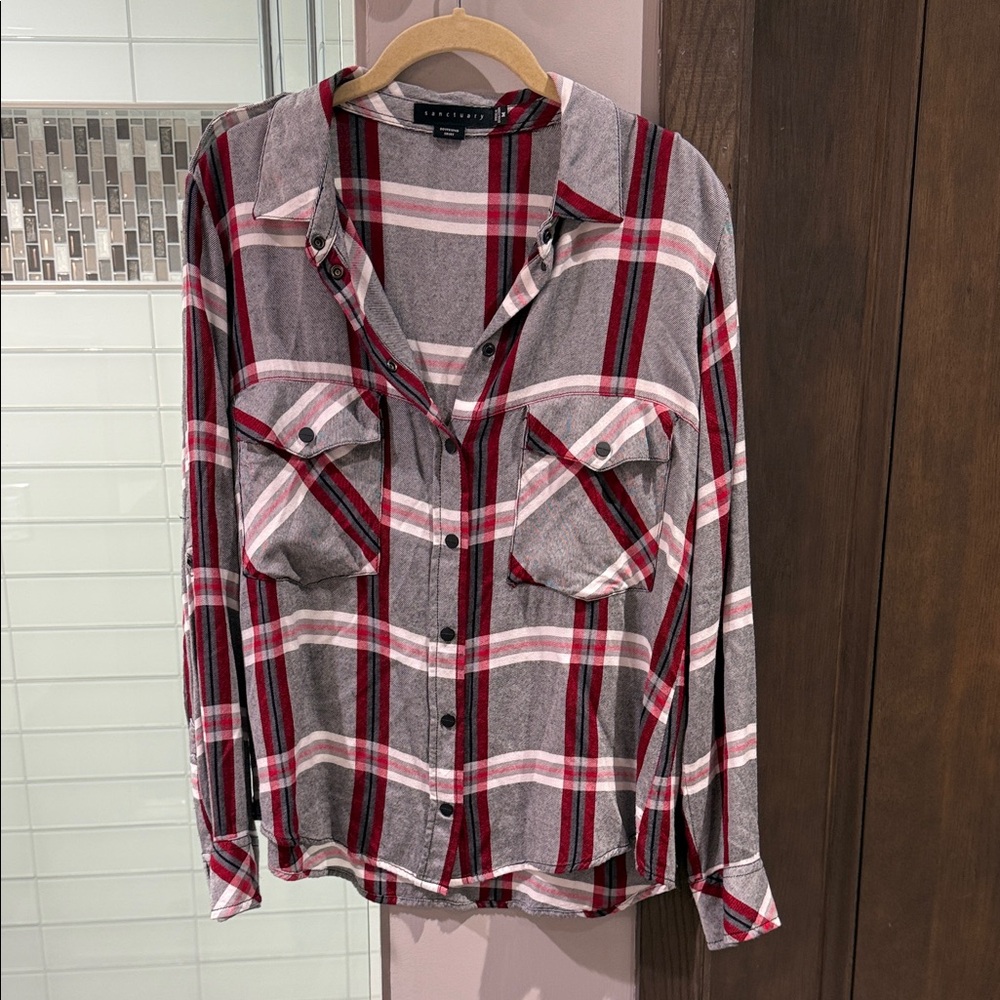 Sanctuary Red and Gray Plaid Button-Up Top